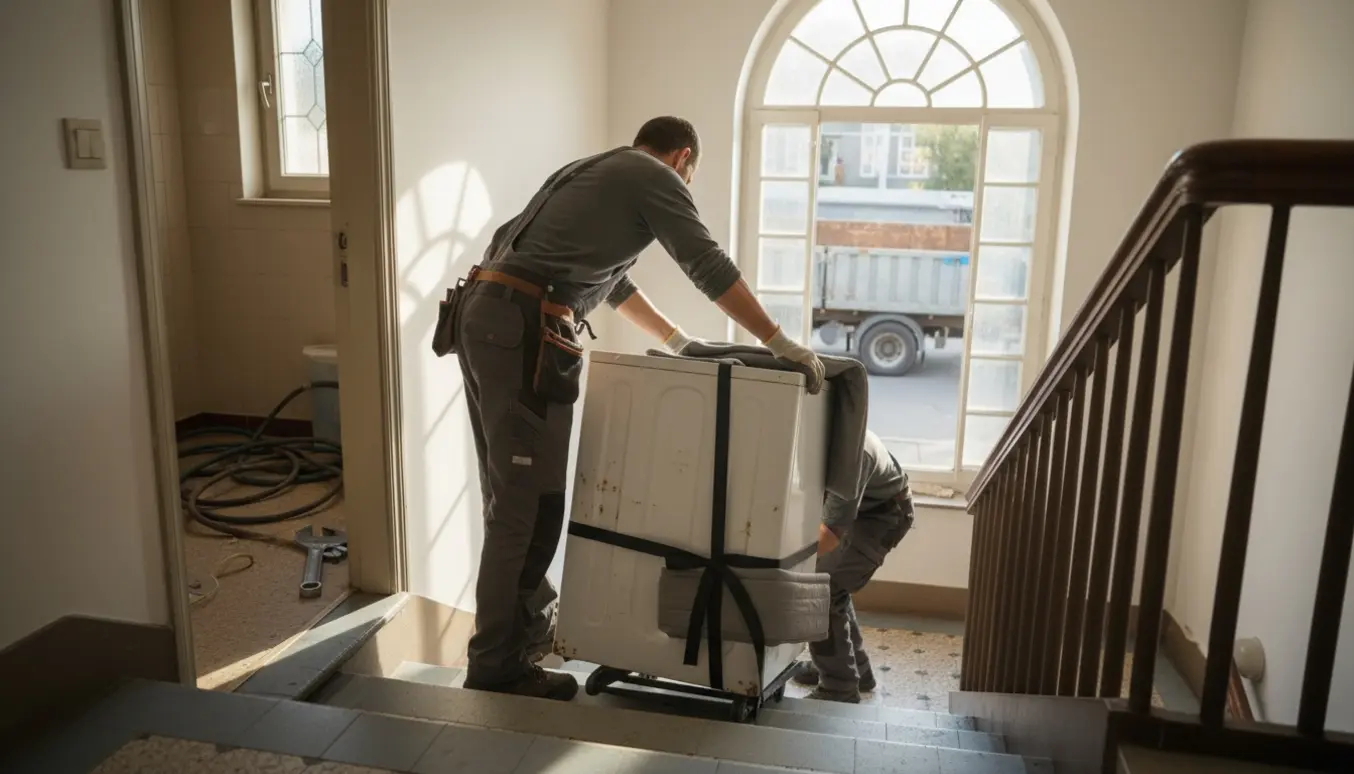 To personer bærer en gammel vaskemaskine ned ad en trappe med flyttetralle og beskyttelses tæppe, klar til aflevering på genbrugsstation.