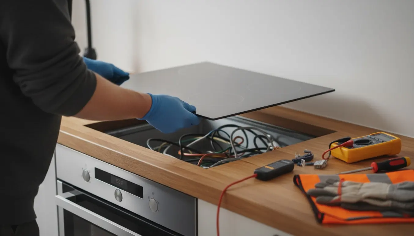 Elektriker fører en induktionskogeplade ned i en udskåret træbordplade over en ovn med isolerede værktøjer og åben el-tilslutning.