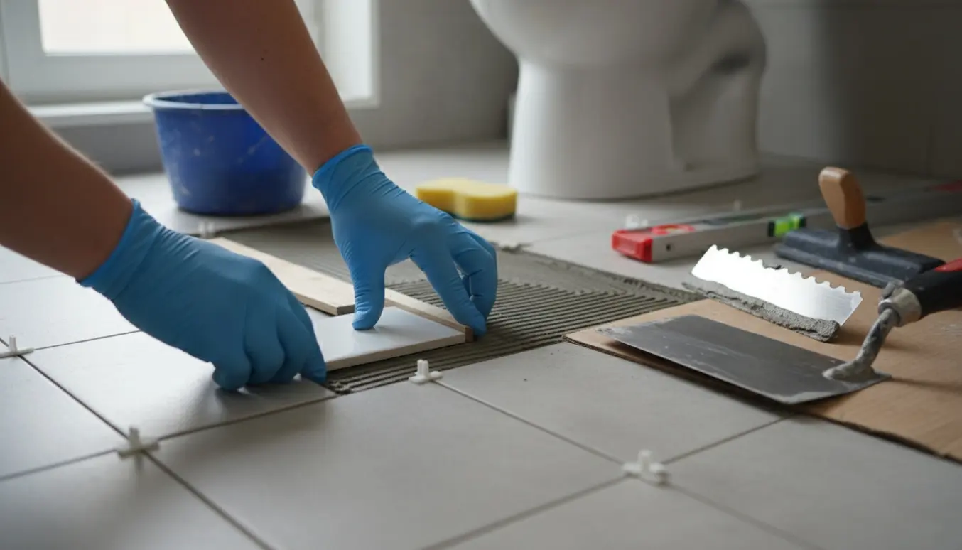 Nærbillede af montering af en flise ved toilettet med træbagstop, fliseklæb og værktøj.