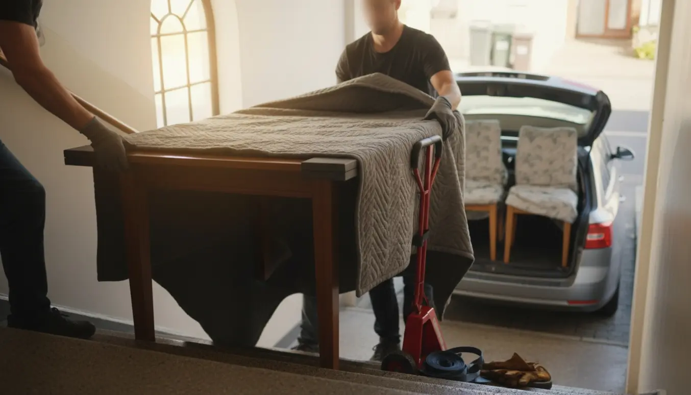 To personer bærer et stort træspisebord ned ad en trappe mod en ventende bil, med stole indpakket i flyttetæpper.