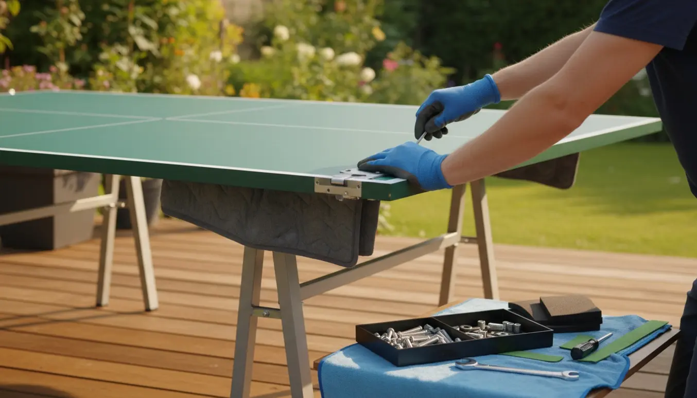 Hænder samler et udendørs bordtennisbord på en terrasse med bløde beskyttelsesklude for at undgå ridser.