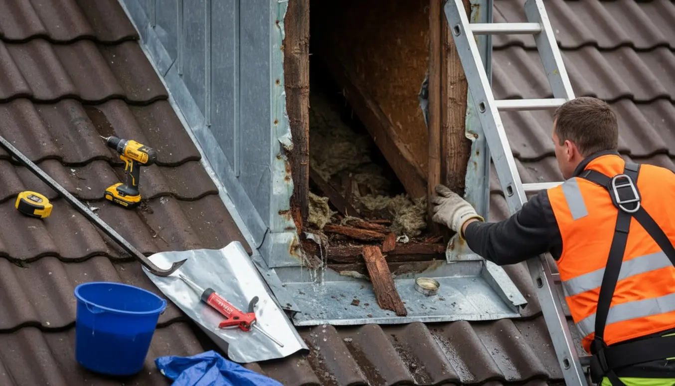 Vandskadet kvist med revnet zink og synligt råddent træ, set både udefra og gennem et åbent indvendigt hul.