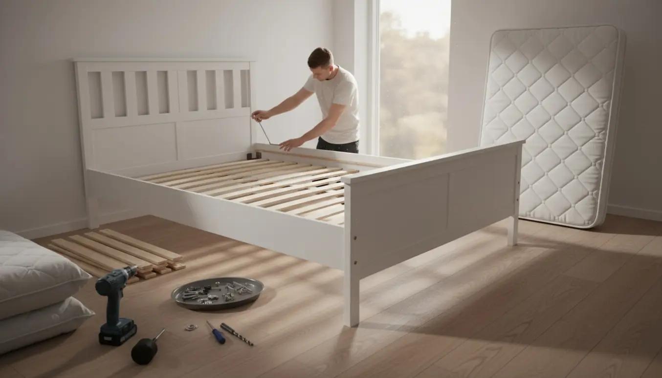 Delvist samlet hvid Hemnes-seng i et lyst soveværelse med værktøj og boremaskine klar.