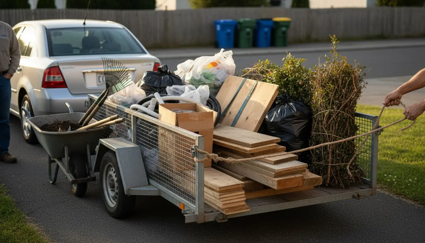 Trailer og indkørsel med fyldt, sorteret bygge- og haveaffald klar til aflevering.