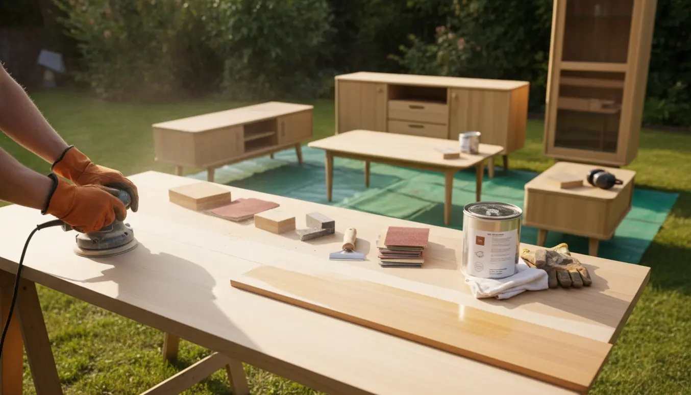 Udendørs slibning af bøgetræsmøbler med synlig før-og-efter-overflade og olieudstyr.