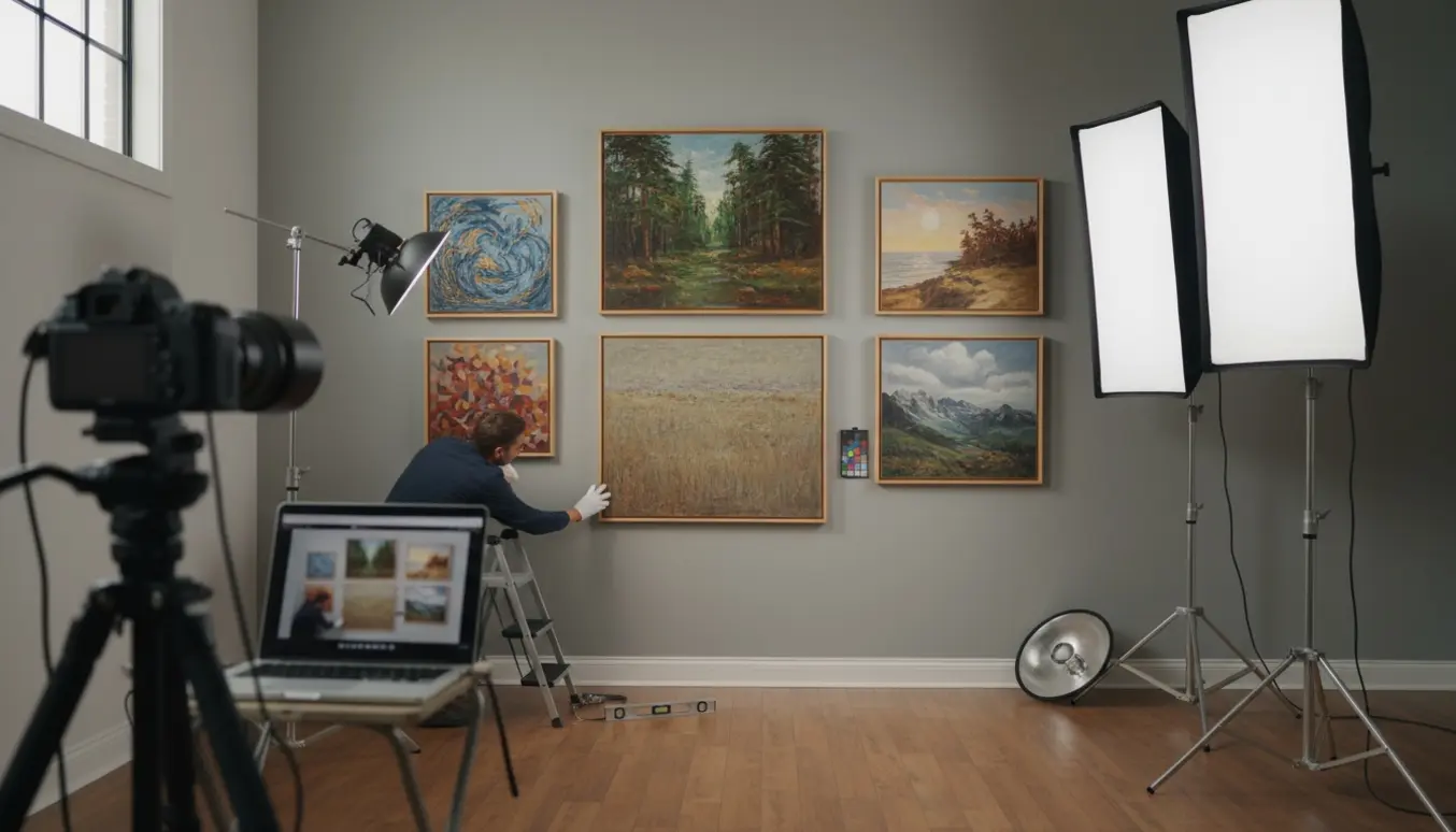 Fotostudie med seks indrammede malerier på en neutral væg, kamera på tripod og blødt studie-lys til dokumentation.
