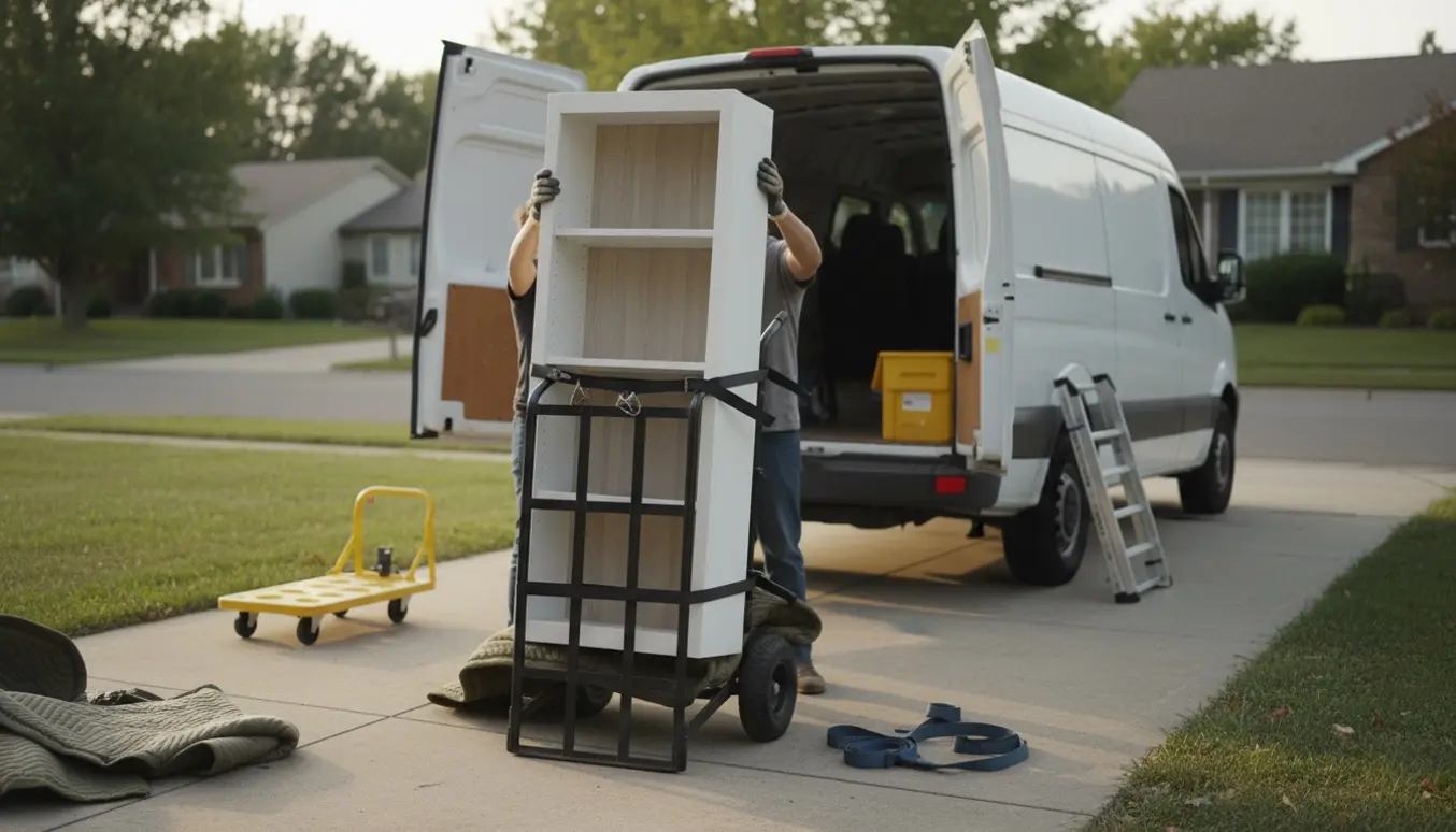 En hvid samlet reol på en tralle klar til at blive læsset i en åben varevogn.