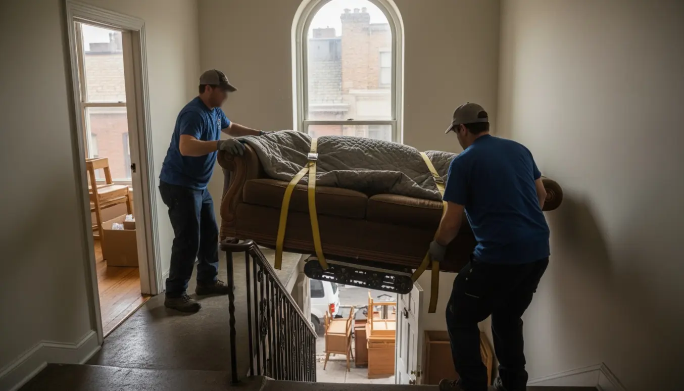 To personer bærer en tung sovesofa ned ad trappen fra 4. sal mod storskrald på gaden.