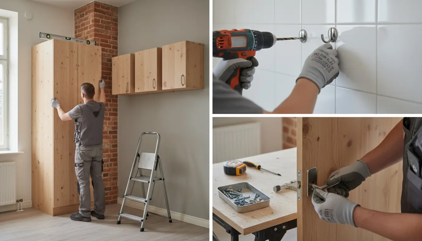 Hænder monterer et færdigsamlet garderobemodul og greb i en lys lejlighed med værktøj og trælåger.