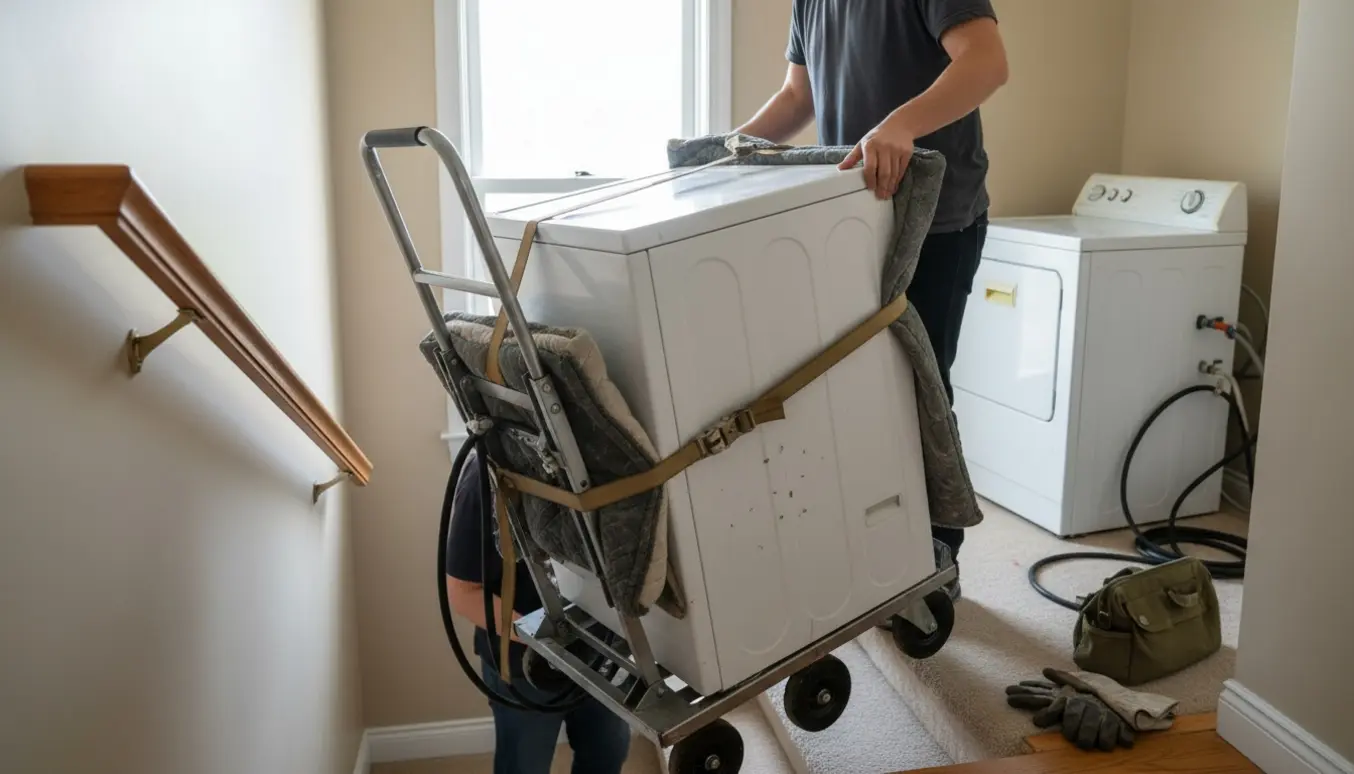 To flyttemænd løfter en brugt hvid frontbetjent vaskemaskine op ad en boligtrappe med en trappesækkevogn, mens en gammel maskine venter på reposen.