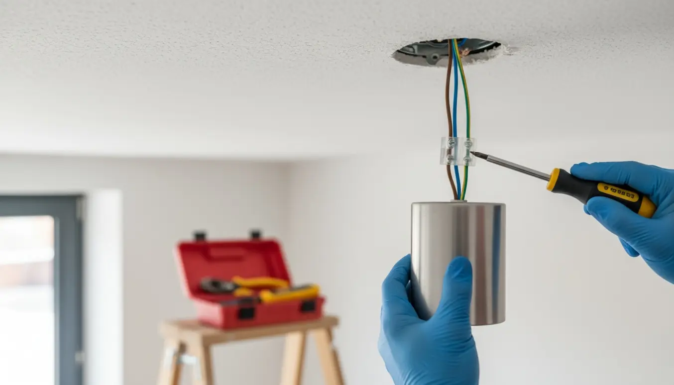 Nærbillede af hænder, der tilslutter brun, blå og grøn-gul ledning til en loftlampe med værktøj i baggrunden.