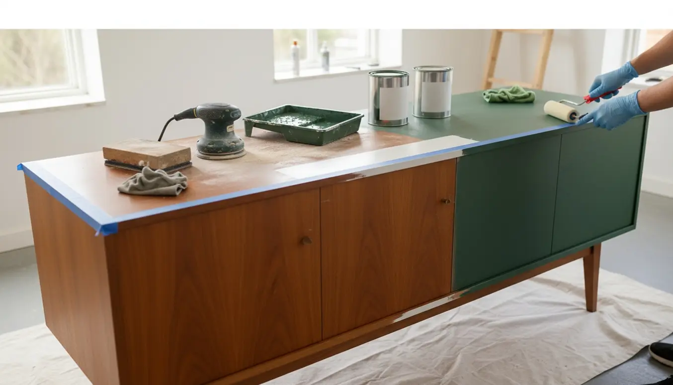 Skænk under slibning og maling med nyt mat, pinjegrønt lag på den ene side.