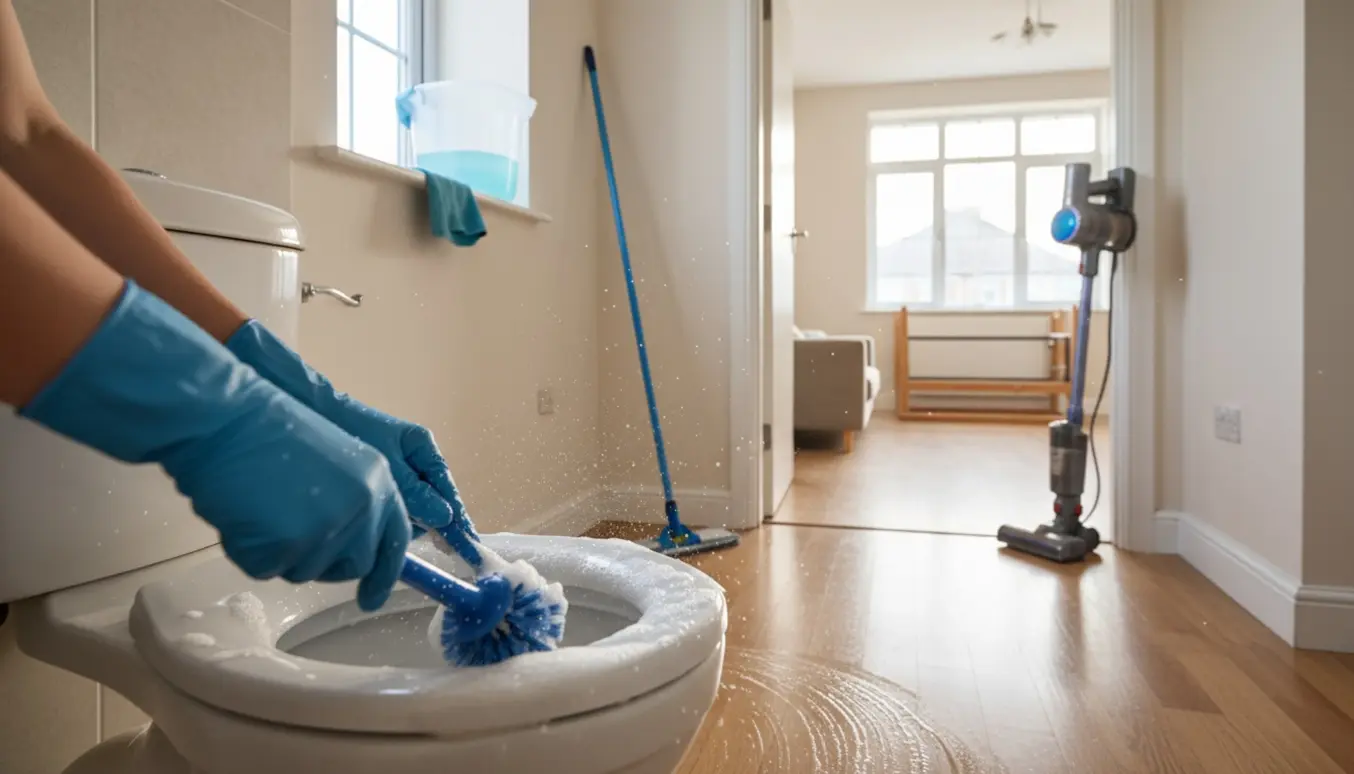 Nærbillede af fraflytningsrengøring i et lyst rækkehus, handsker skrubber et toilet med moppe og spand i baggrunden.