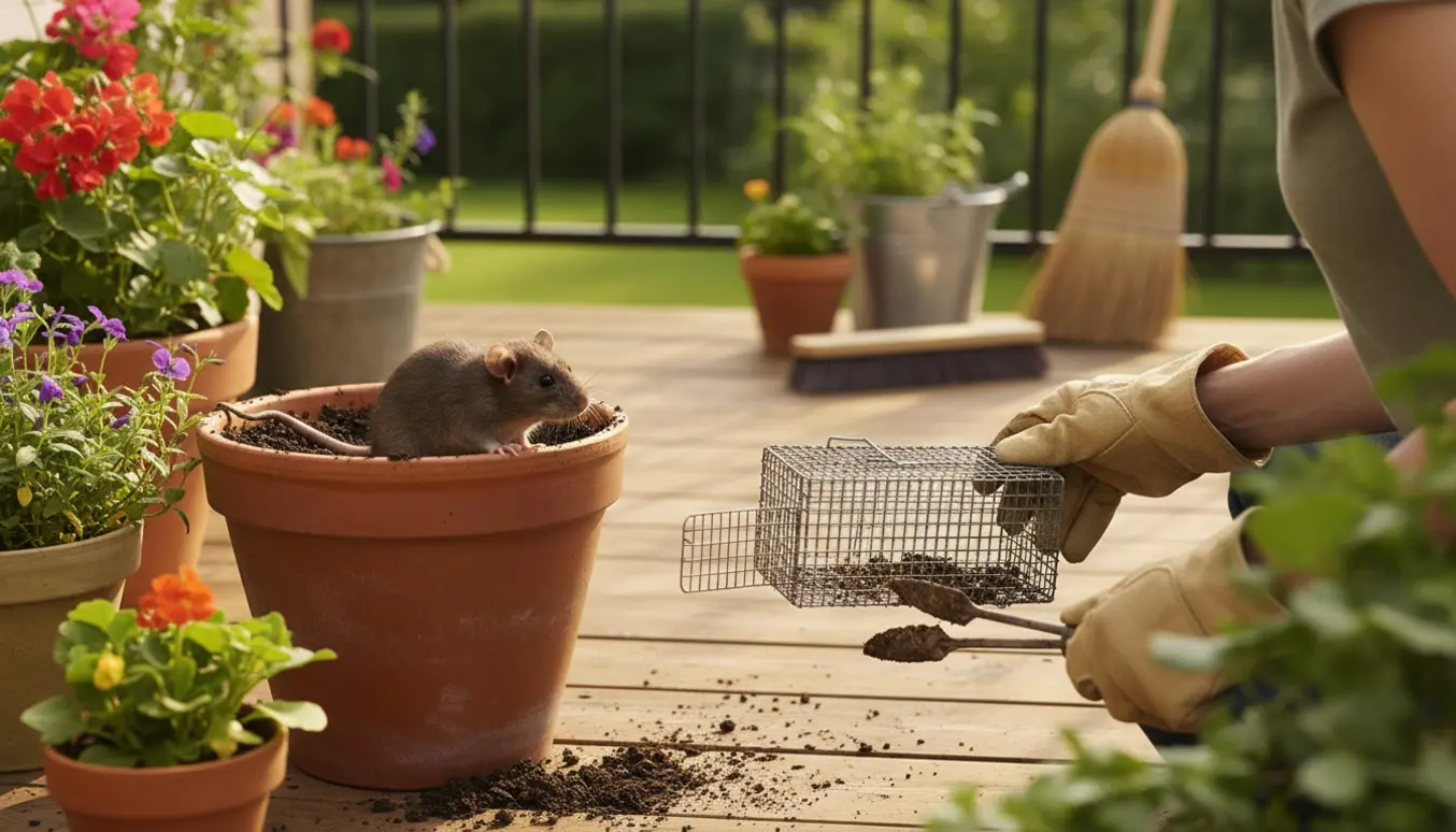 En rotte stikker hovedet op af en blomsterkrukke på en solrig terrasse, mens handsker og en human fælde er synlige.
