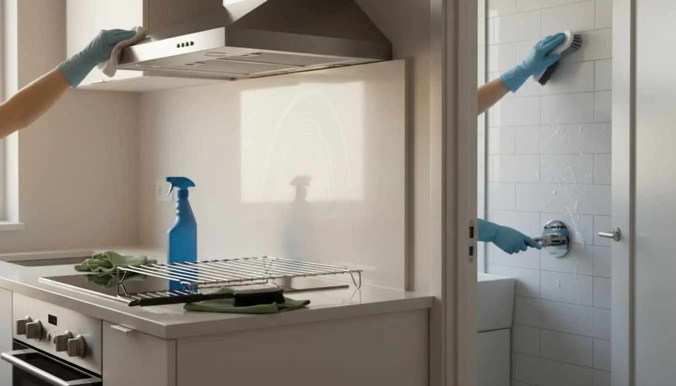 Gloved hænder rengør ovn og skrubber fliser i en lys, moderne lejlighed under indflytningsrengøring.