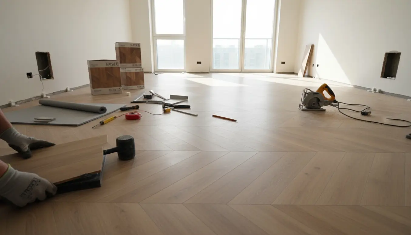Partielt lagt sildebenslaminat i en tom lejlighed med værktøj og åbne døråbninger uden karme.