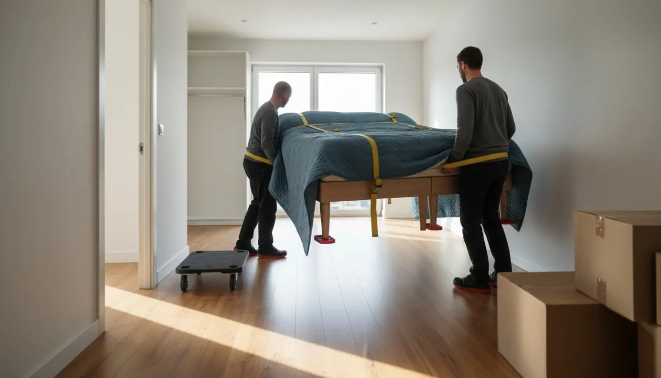 To flyttemænd bærer en beskyttet dobbeltseng gennem en lys gang ind i et nyt værelse.