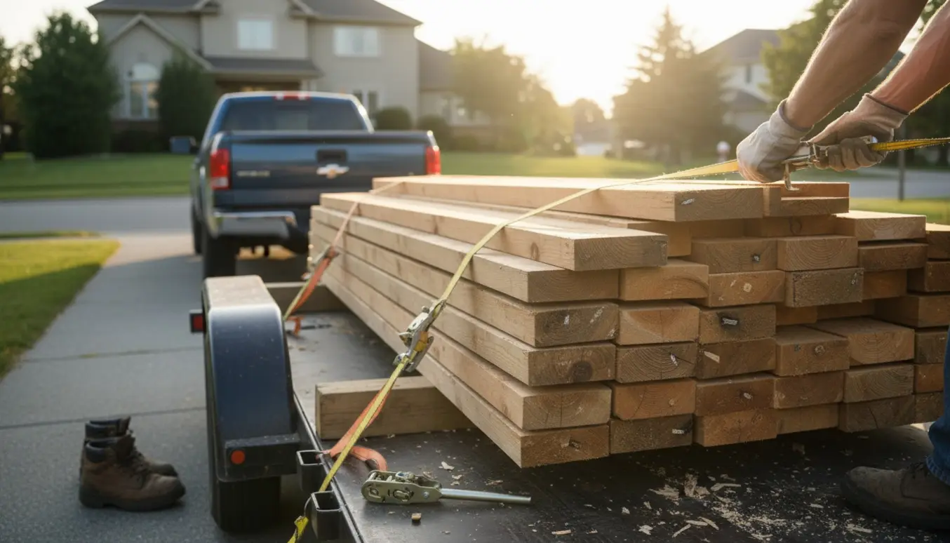 En åben trailer lastet med stablede træplader, sikret med stropper på en indkørsel.