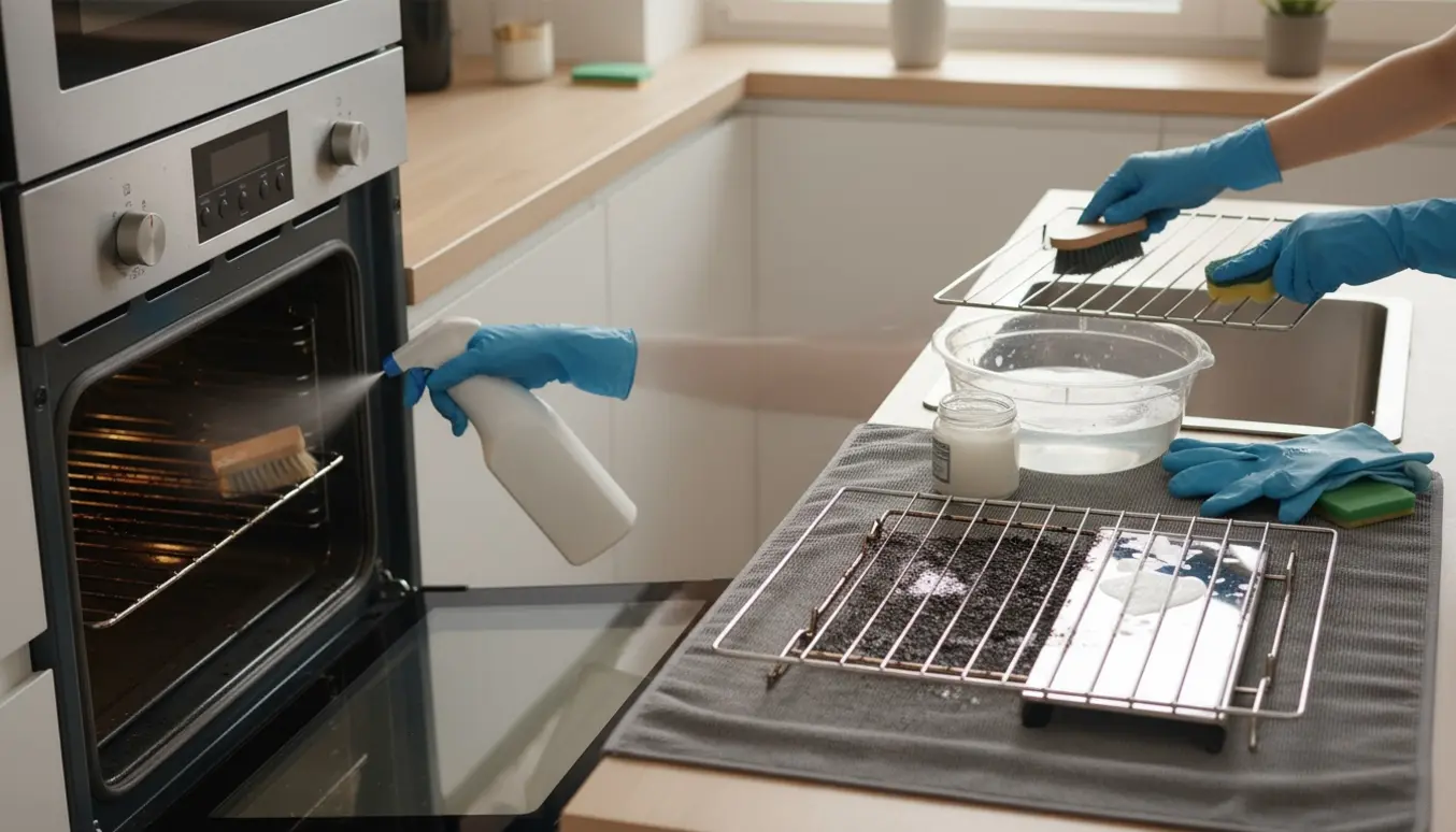 Åben køkkenovn med aftagelige riste på bordet og handsker, sprayflaske og svamp i brug ved rengøring.