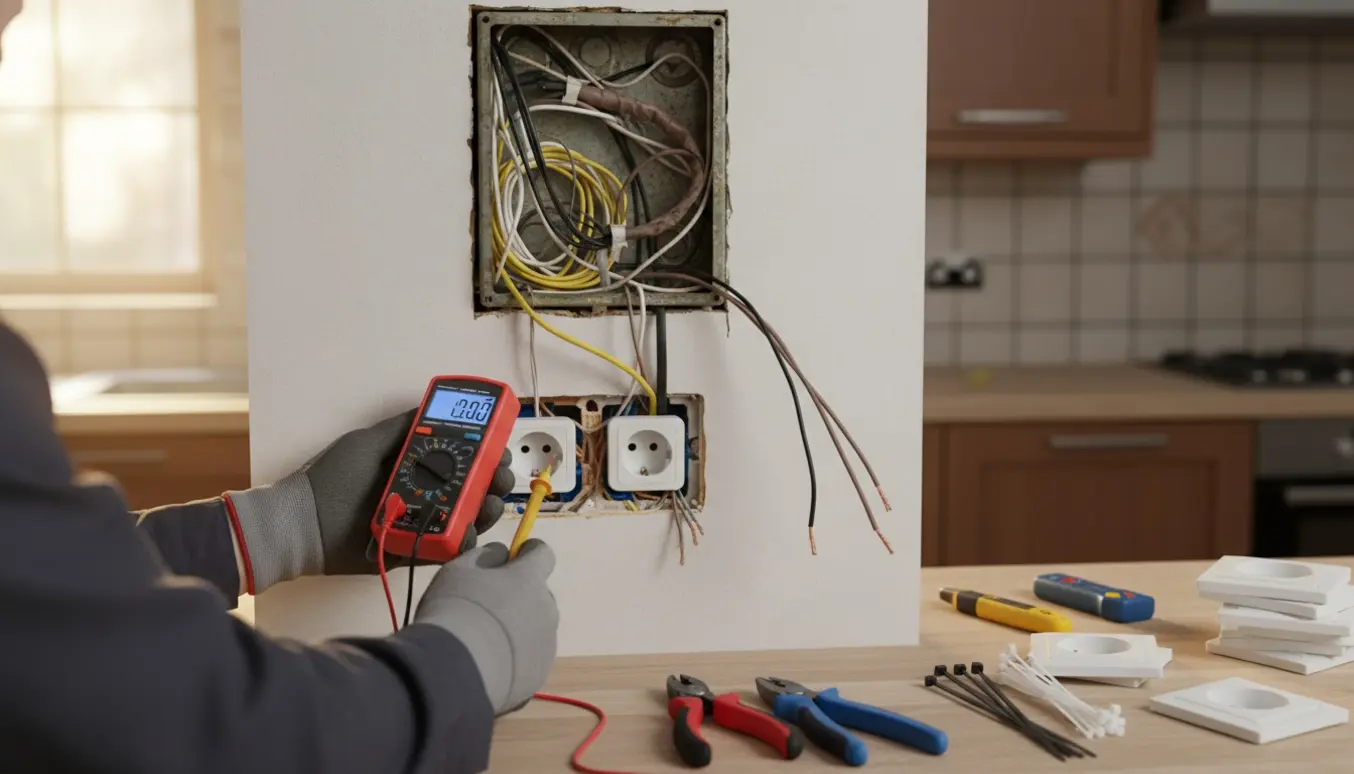 Hænder tester internetstik og vurderer gamle ledninger i et køkken under renovering med værktøj og en åben el-boks.