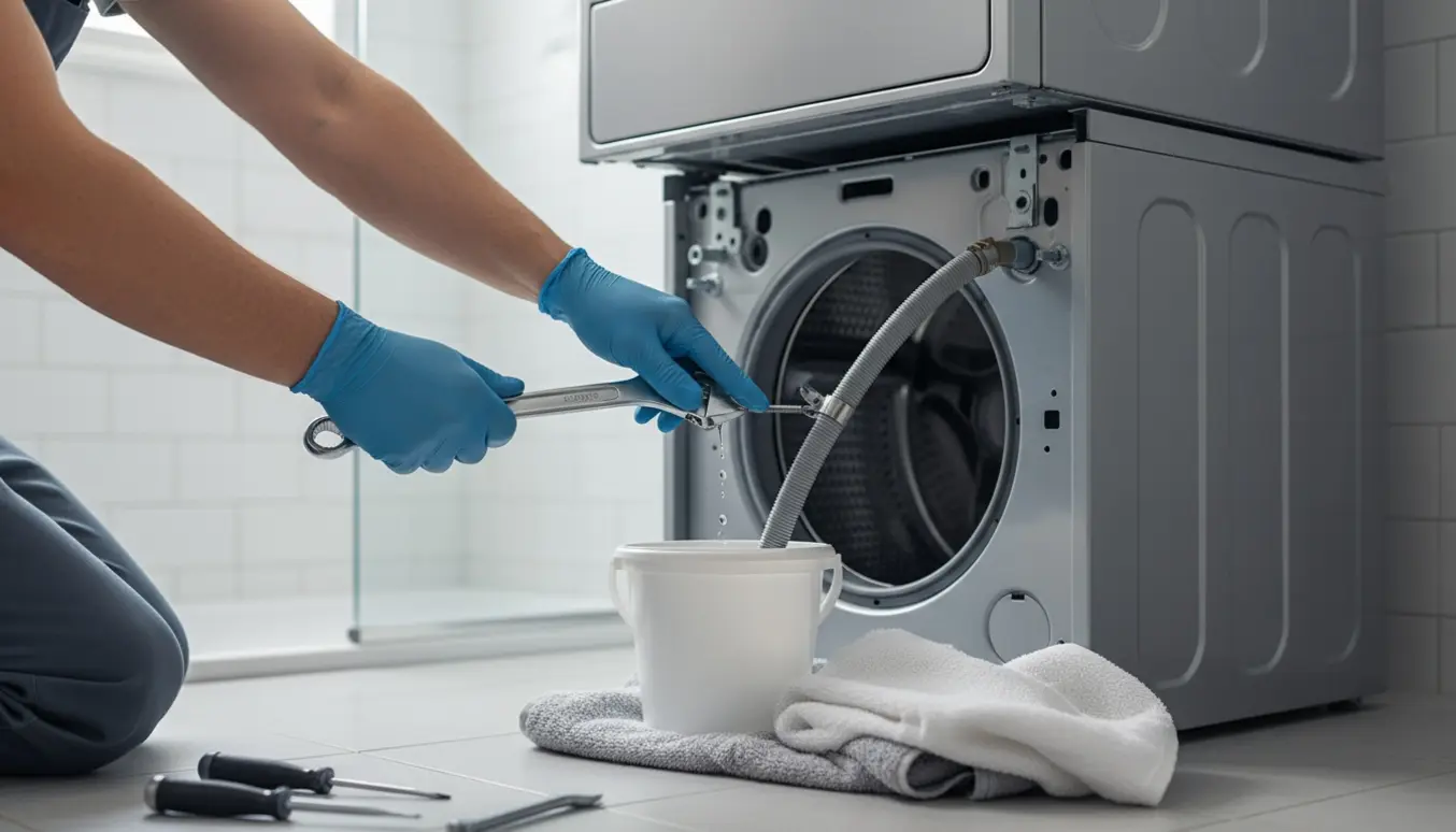 Hænder afmonterer tørretumbleren fra en vaskesøjle i et badeværelse med værktøj og en spand til vand.
