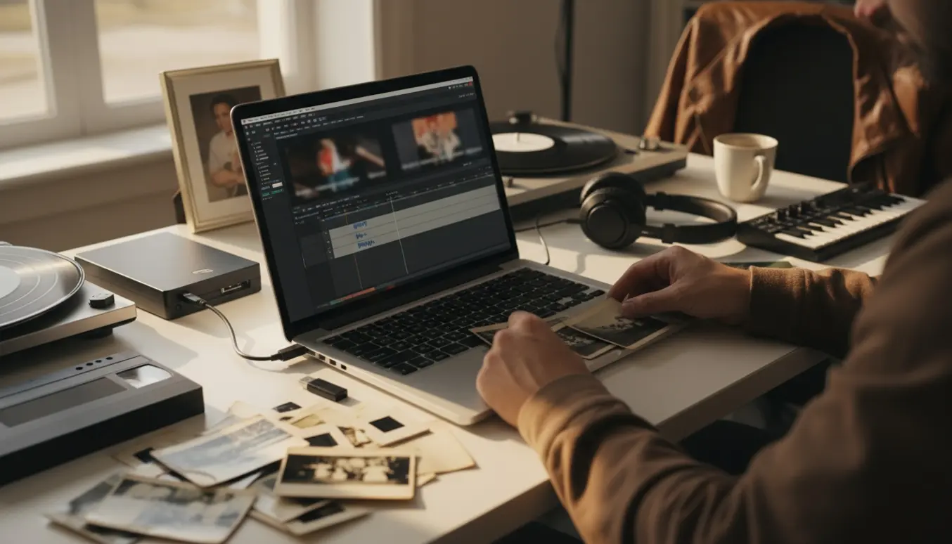 Over-shoulder billede af hænder, der arrangerer familiefotos og redigerer en musikvideo på en bærbar ved et soloplyst skrivebord.