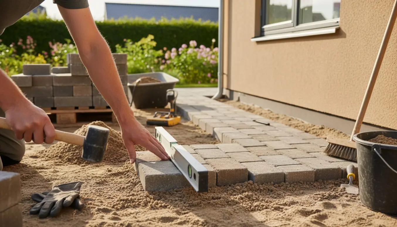 Nærbillede af lægning af herregårdsten ved en ny sokkel med sand, værktøj og stak af sten.