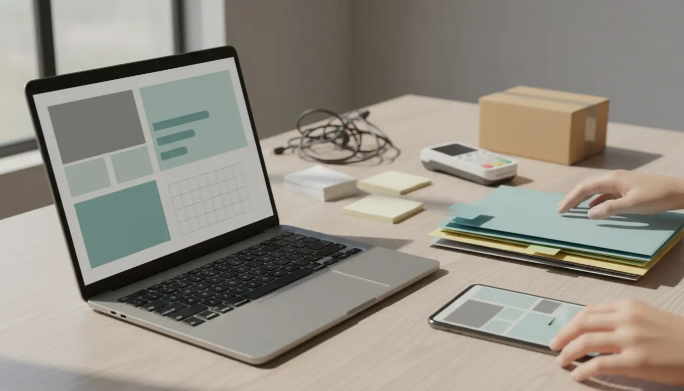 Et moderne skrivebord med laptop og mobile enheder, der viser et forenklet dashboard, omgivet af mapper, kablet rod og betalingsudstyr.