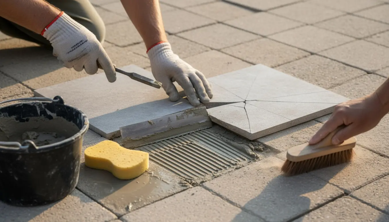 Nærbillede af en murer, der udskifter en flise på en terrasse med mørtel og værktøj.
