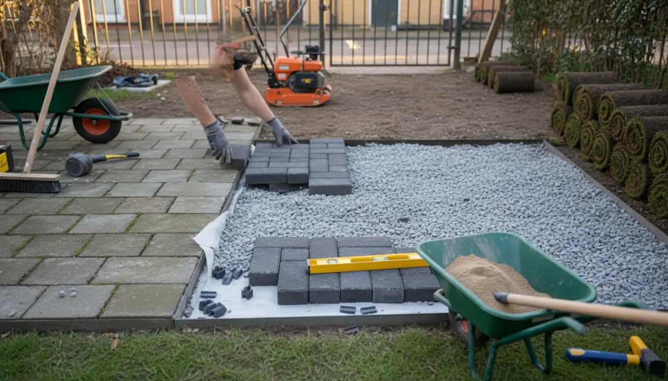 Udsnit af en lille rækkehavesterrasse hvor græs er fjernet, og 30x60 cm betonfliser lægges på et komprimeret, bæredygtigt underlag.
