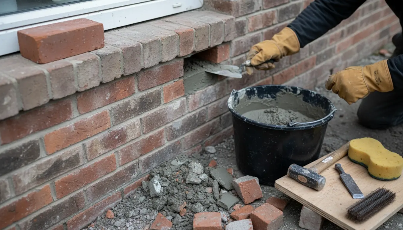 Nærbillede af hænder, der udskifter en frostskadet mursten og fuger muren med frisk mørtel.
