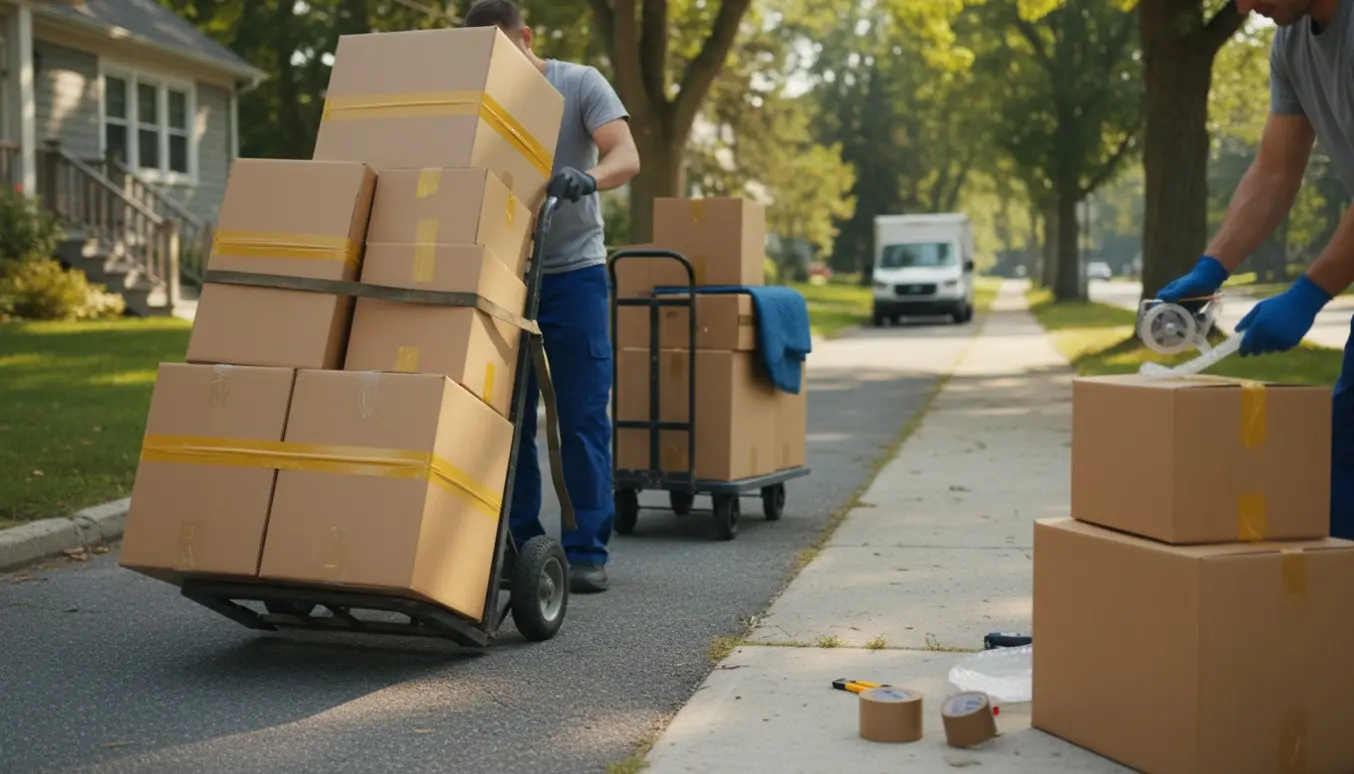 En sækkevogn fyldt med flyttekasser på fortovet med en flyttevogn i baggrunden.
