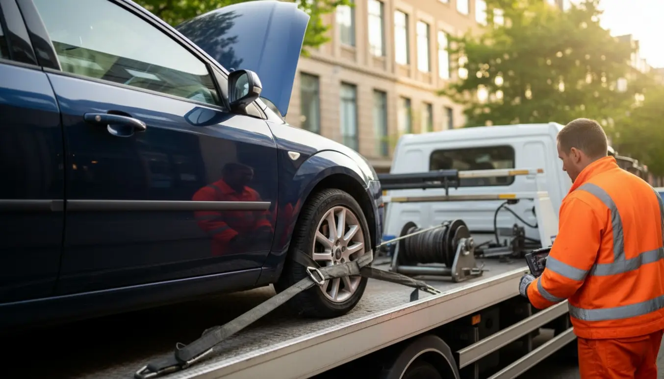 En havareret kompaktbil bliver trukket op på en autotransporter af en tekniker i refleksvest.