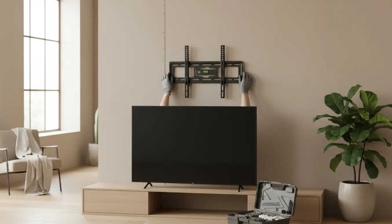 Hænder holder et tv-vægbeslag op mod væg i en moderne stue, med en tom værktøjskasse ved siden af.
