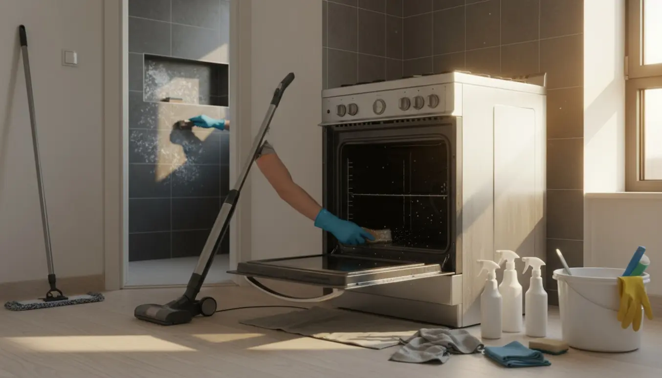 Hænder i gummihandsker skrubber ovnbund og bruseniche under flytterengøring i en lys lejlighed.