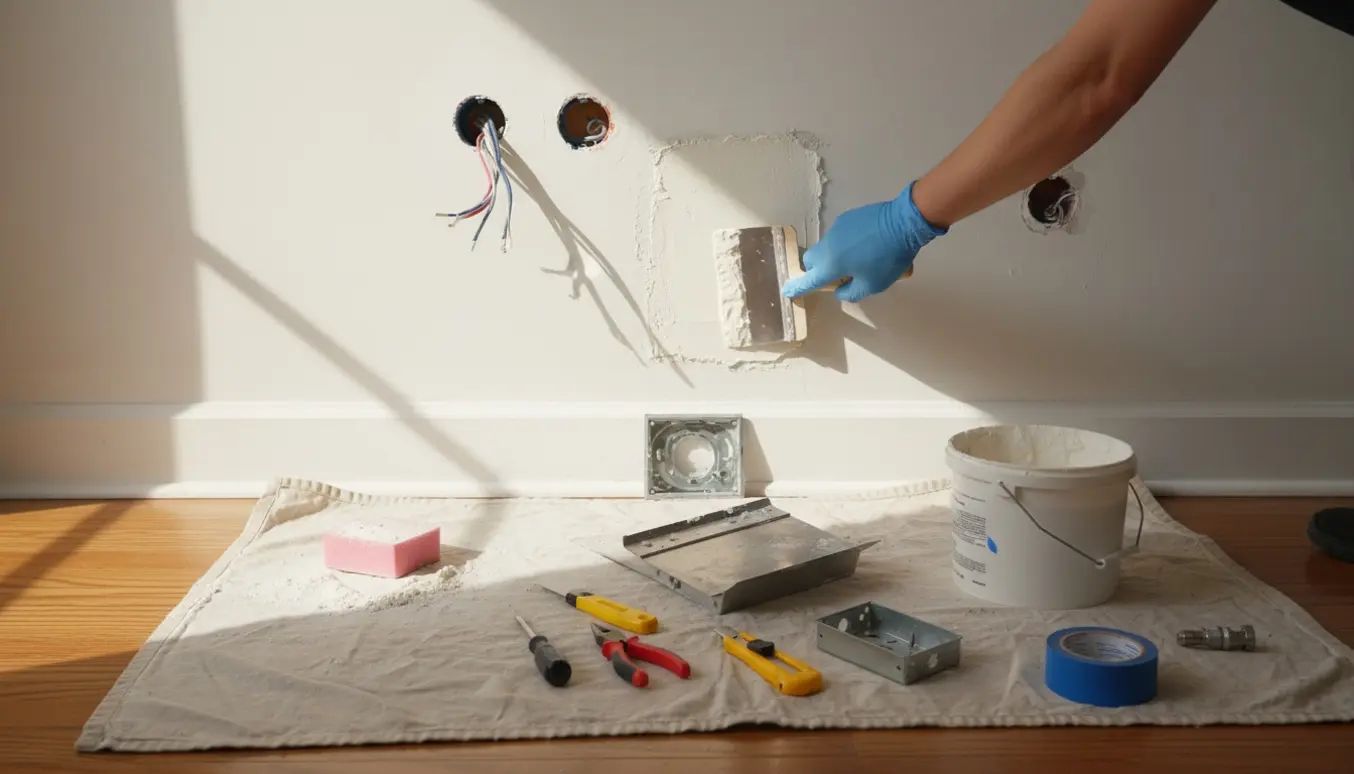 Nærbillede af væg med fjernede stik og en hånd, der spartler huller klar til maling.