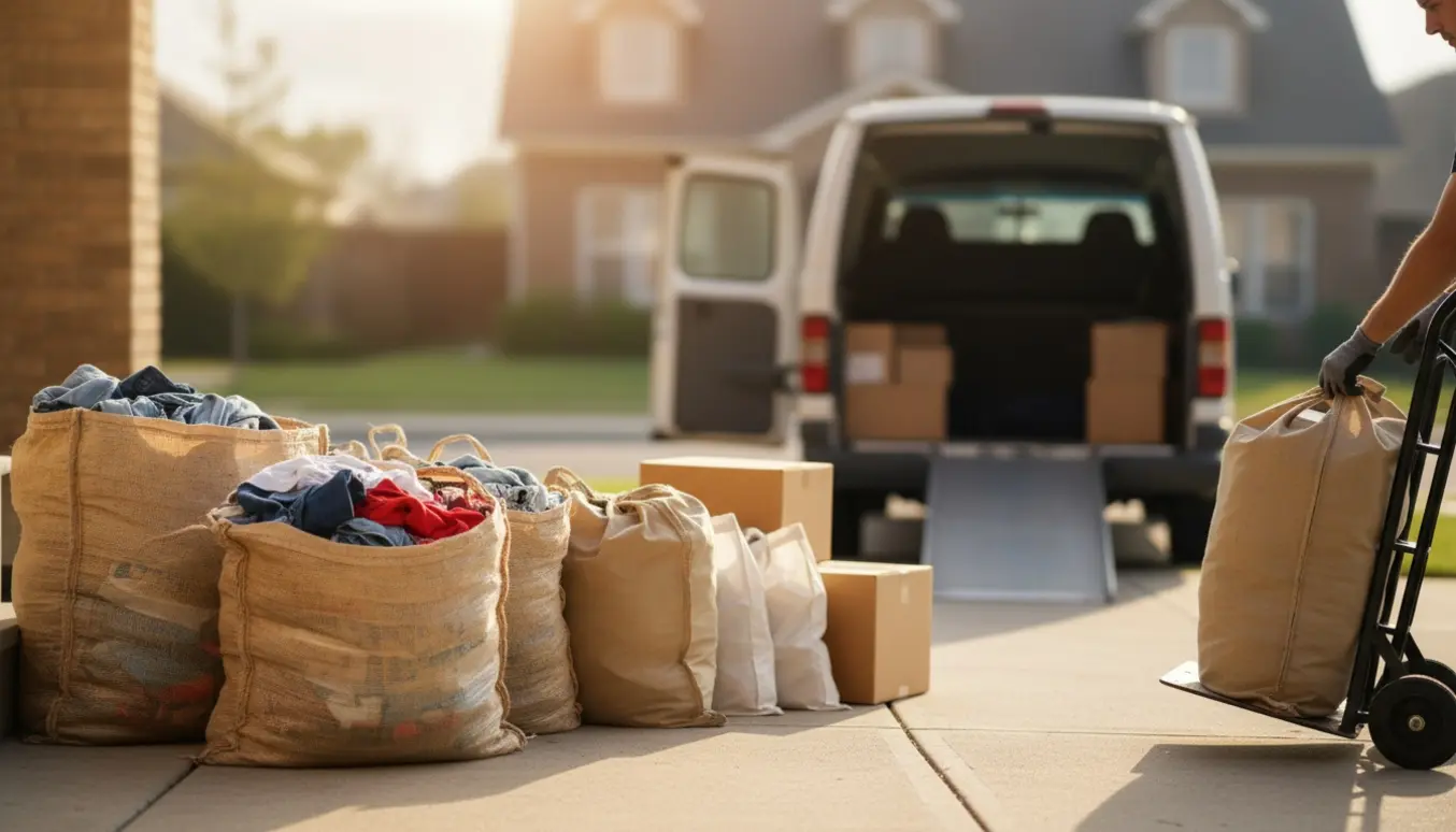 Tre store sække med tekstilaffald og flere sække med bøger lagt udenfor et parcelhus ved en åben varevogn, klar til afhentning.