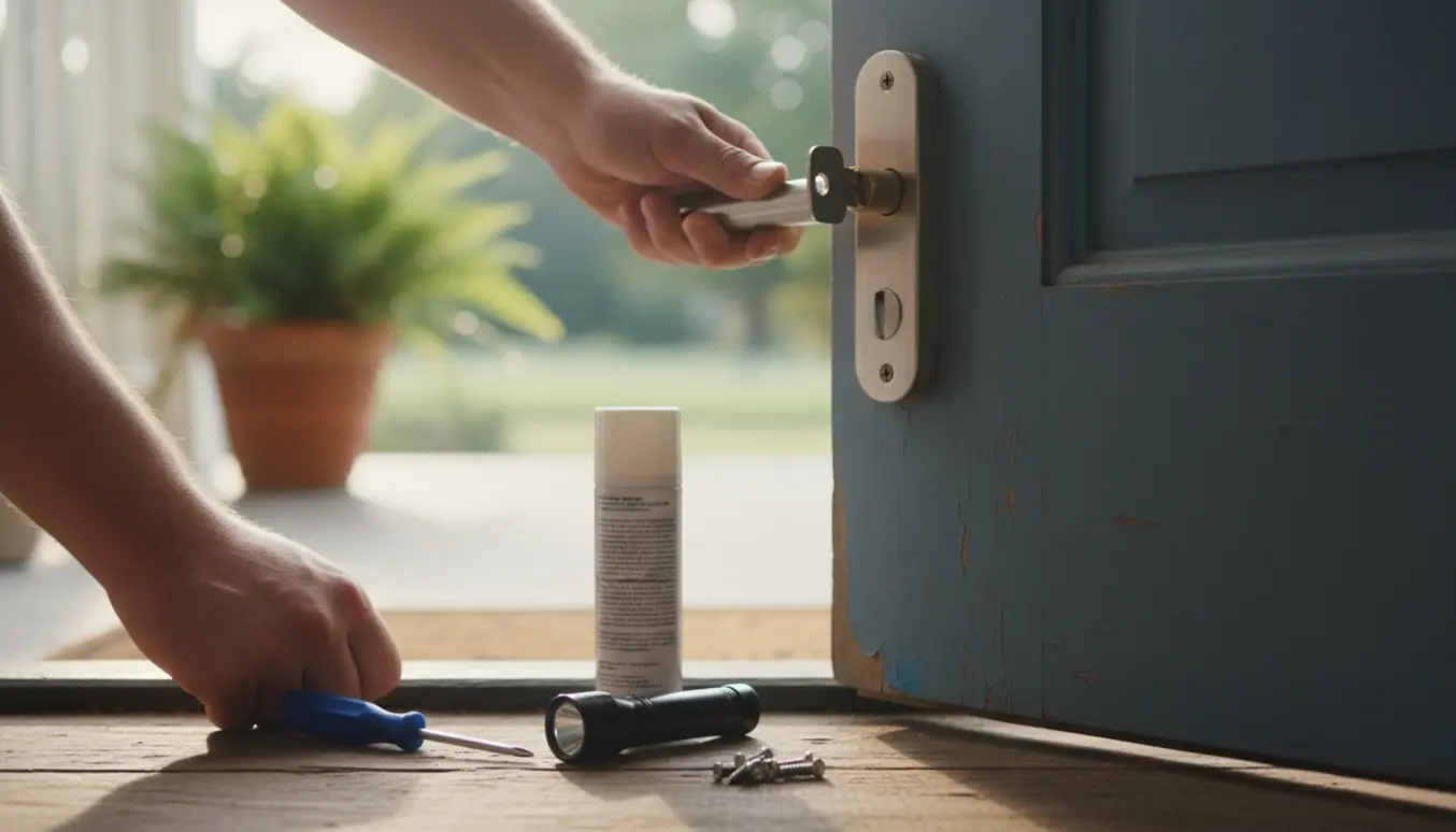 Hænder prøver at løfte et stift hoveddørshåndtag med nøgler og værktøj på dørtrinet.