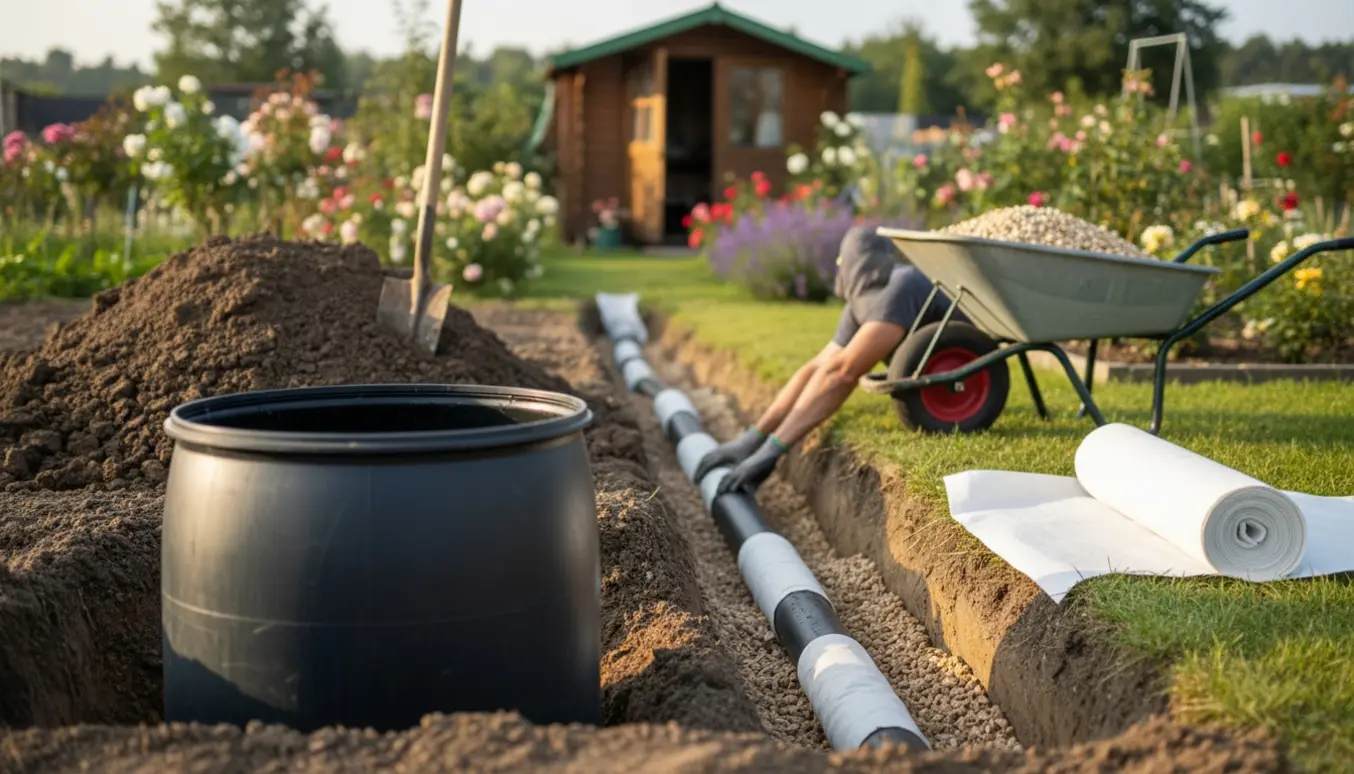Gravning i kolonihave hvor et perforeret rør lægges i grus til afledning af vand fra en nedgravet toiletbeholder.