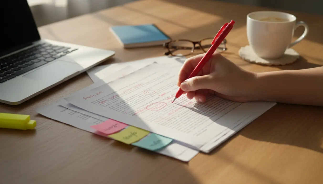Hænder, der korrekturlæser en skoleopgave med rød pen ved et lyst skrivebord.