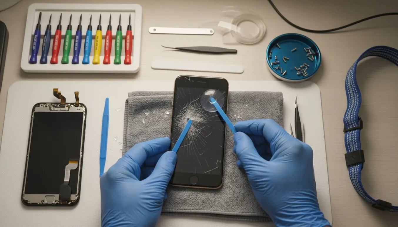 Nærbillede af en iPhone 8 under udskiftning af skærmglas på et ryddeligt arbejdsbord med specialværktøj.