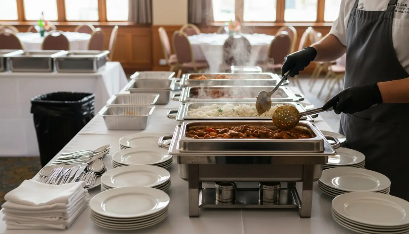 Hænder portionerer mad fra store serveringsfade på rækker af hvide tallerkener ved en buffetopsætning til et mindre selskab.