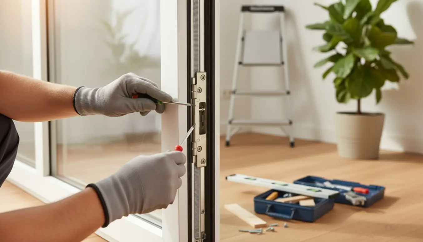 Tømrer justerer hængsel på en let åben terrassedør med værktøj og gummiliste synlig.