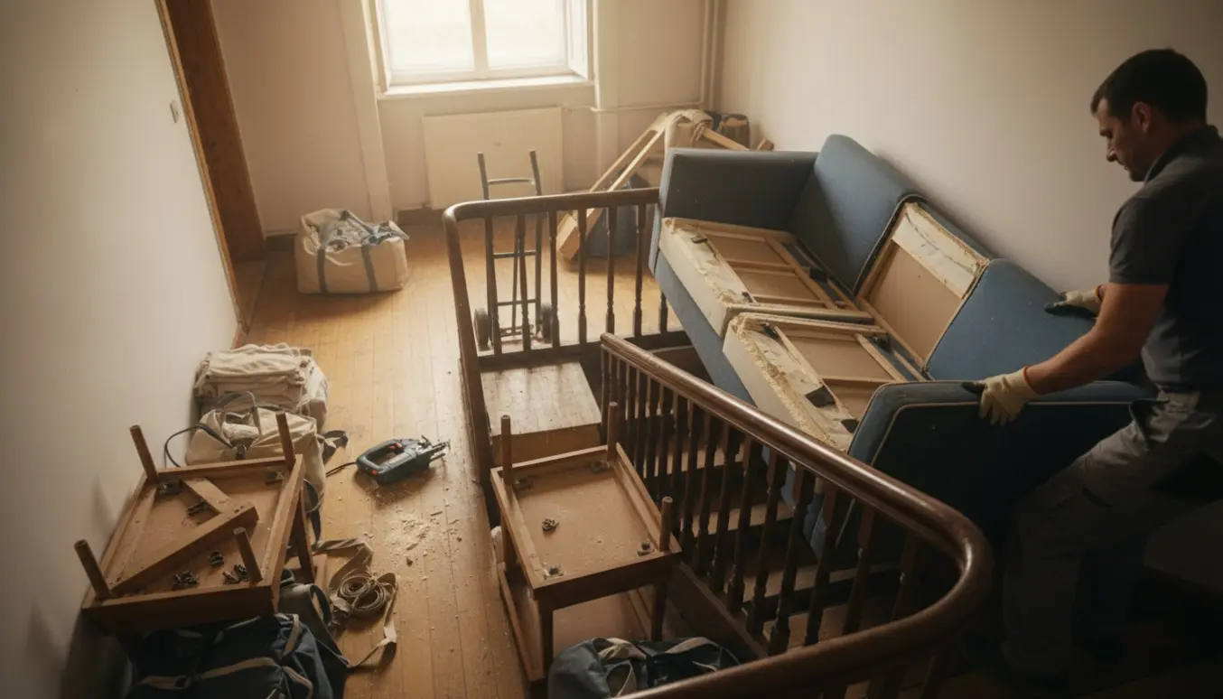 Partielt tømt lejlighed på 2. sal med en sofa savet i stykker og møbler båret ned ad en stejl trappe.