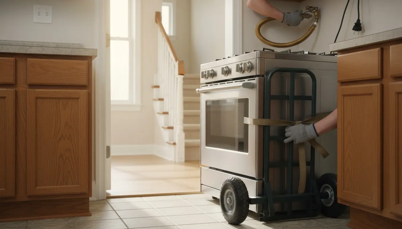 Gas-komfur trækkes ud mellem køkkenskabe og fastgøres til en trappe-sækkevogn, klar til afmontering.