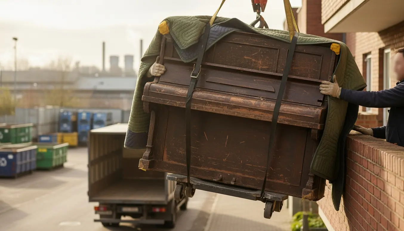 Gammelt klaver pakket i tæpper sænkes fra 5. sal mod en genbrugslastbil mens flyttemænds hænder stabiliserer det.