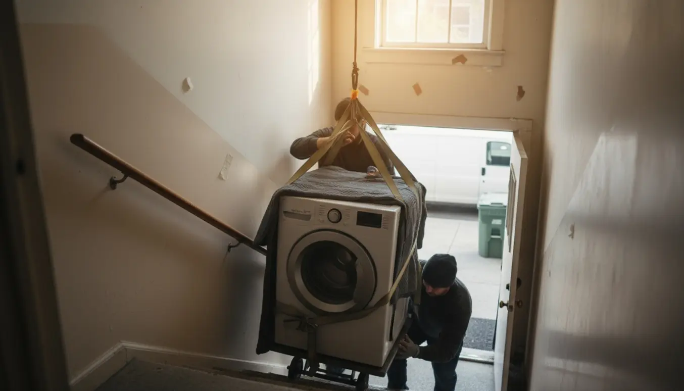 To personer bærer en vaskemaskine ned ad en smal trappe mod en ventende varevogn.