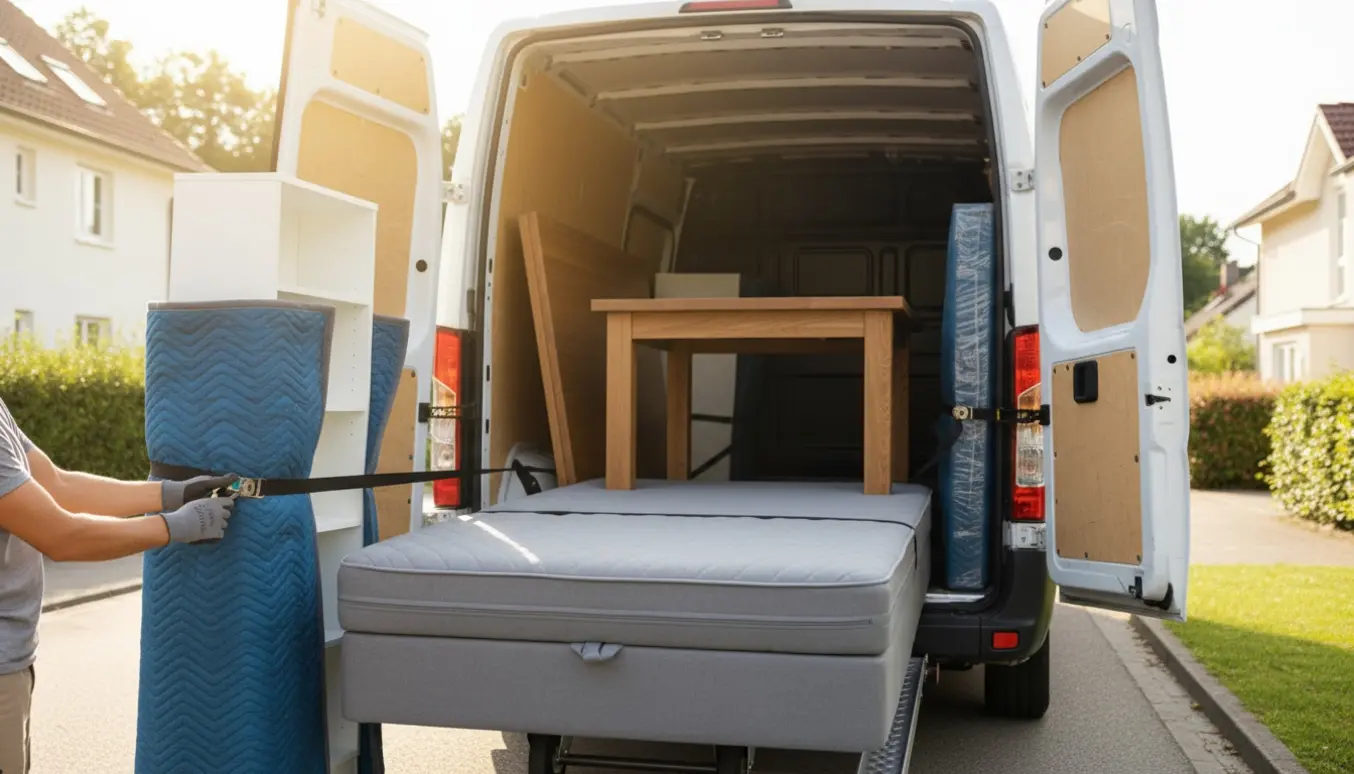 Flyttefolk læsser en boxmadras, et egetræs spisebord og en hvid bogreol ind i en flyttevogn.