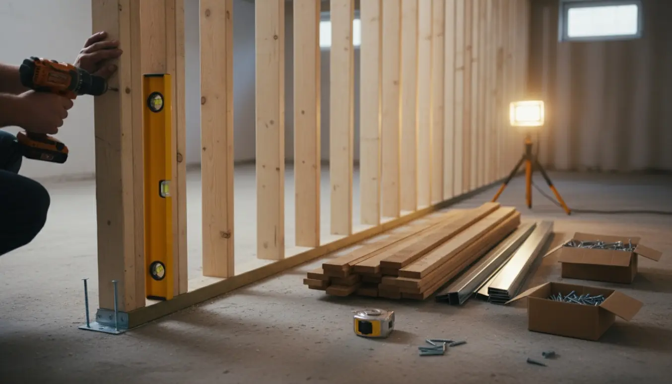 Opbygning af skillevægskelet i en tom betonkælder med lægter, værktøj og arbejdsbelysning.