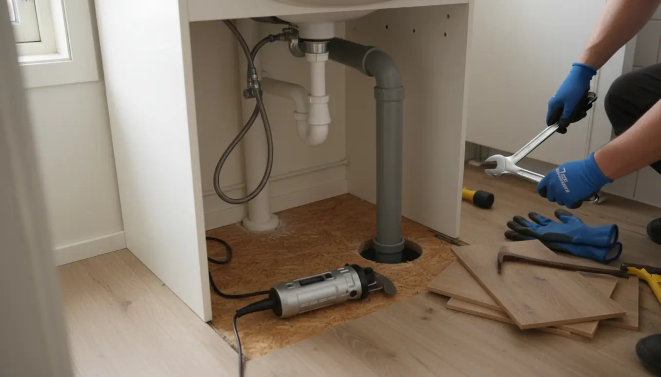 Vante hænder afmonterer en vask og fjerner klikgulv omkring en faldstamme.
